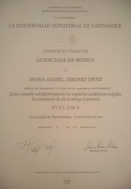 Verified degree or teaching certification of Isabel