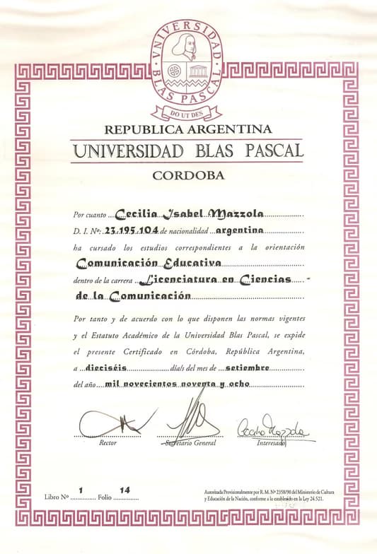 Verified degree or teaching certification of Cecilia