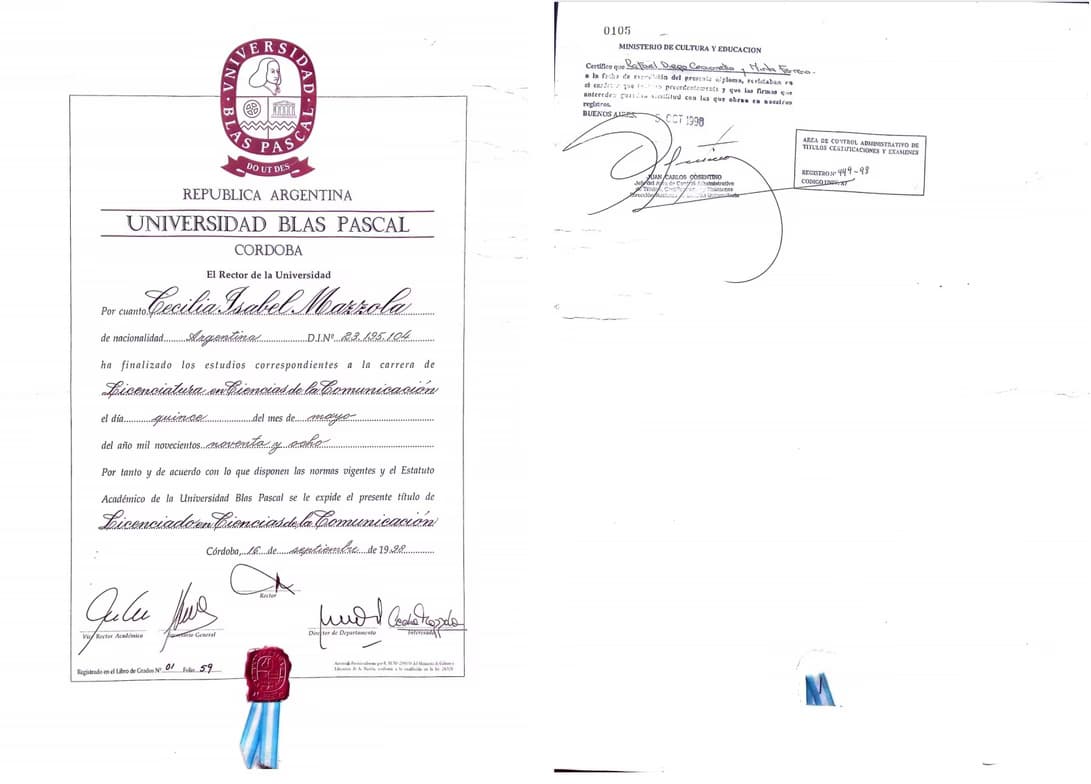 Verified degree or teaching certification of Cecilia