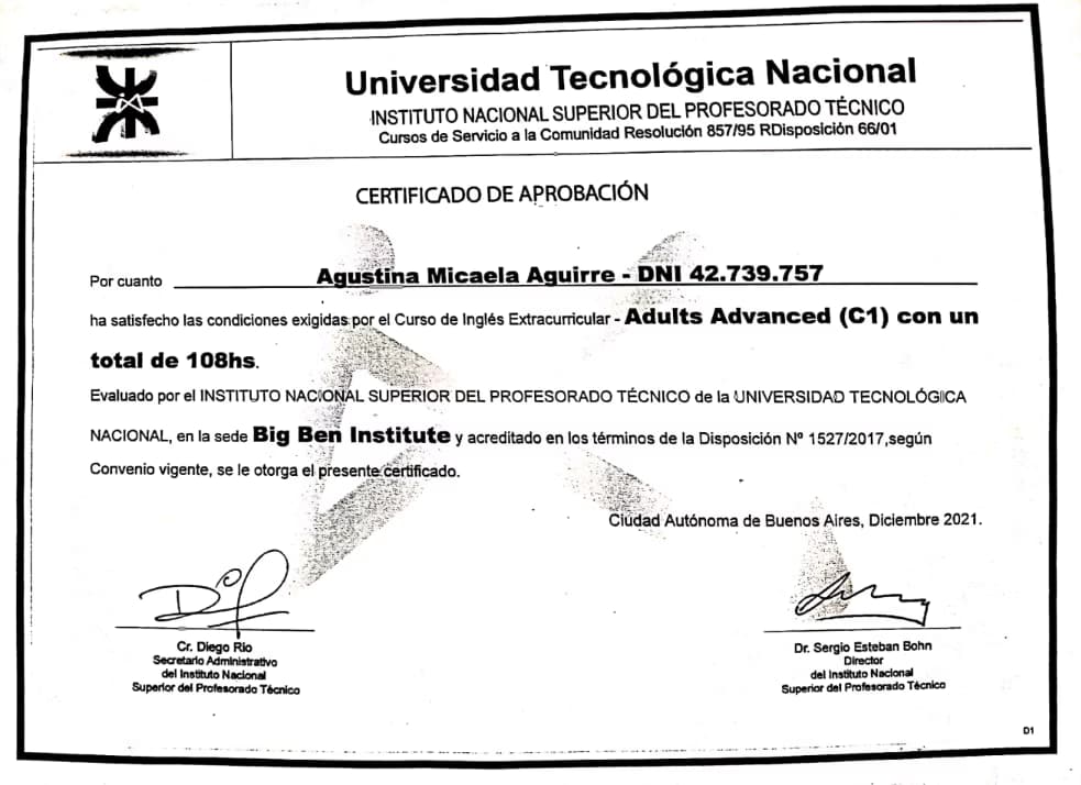 Verified degree or teaching certification of Agustina