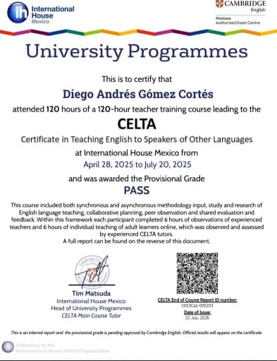 Verified degree or teaching certification of Diego Andres