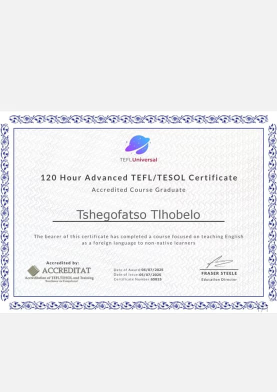 Verified degree or teaching certification of Tshegofatso