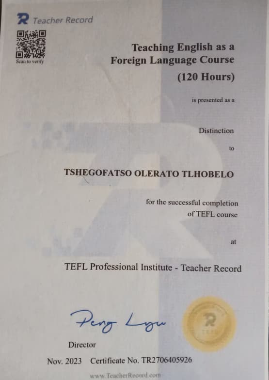 Verified degree or teaching certification of Tshegofatso