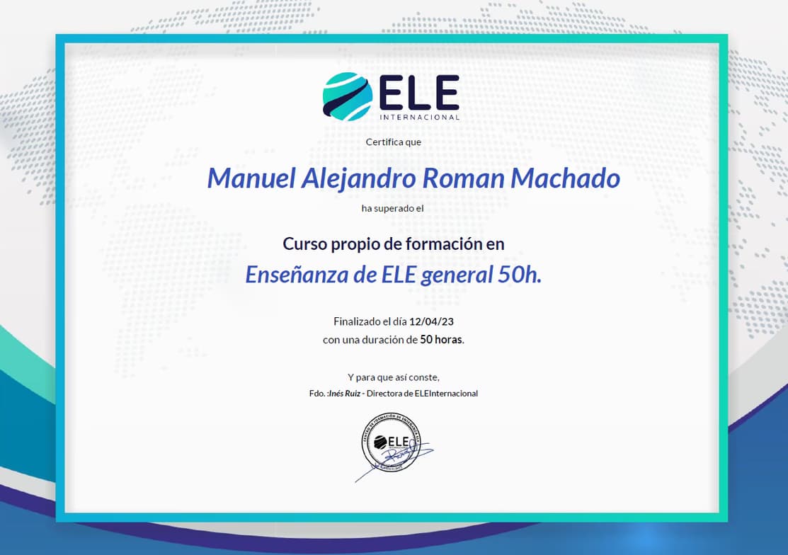 Verified degree or teaching certification of Manuel