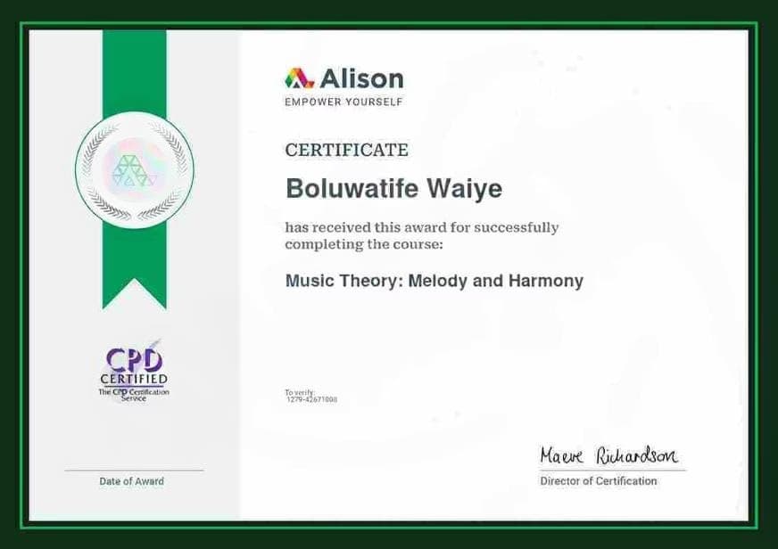 Verified degree or teaching certification of Boluwatife