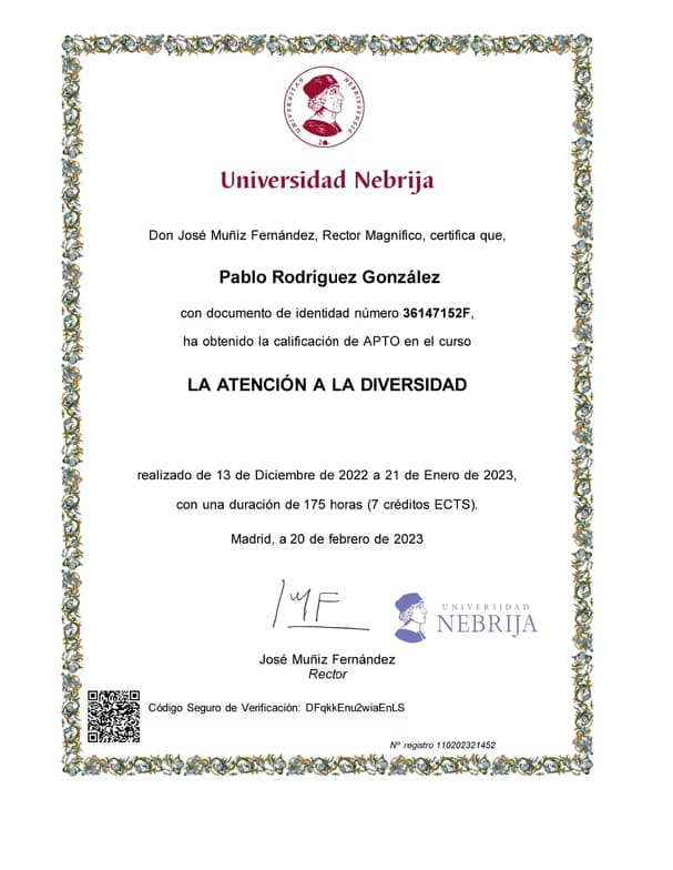 Verified degree or teaching certification of Pablo