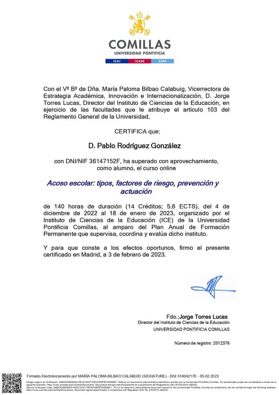 Verified degree or teaching certification of Pablo