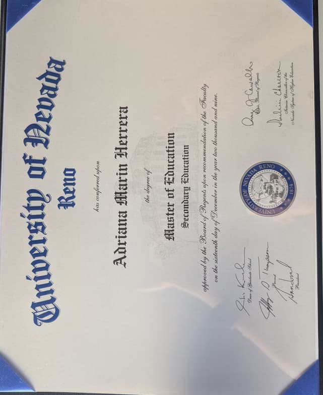 Verified degree or teaching certification of Adriana