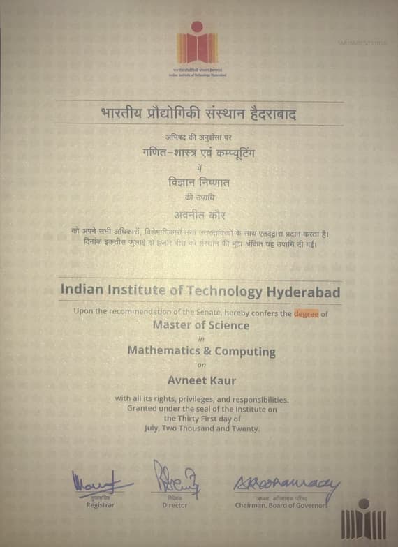 Verified degree or teaching certification of Avneet