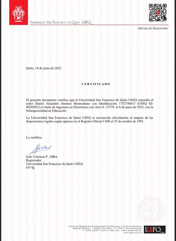 Verified degree or teaching certification of Daniel