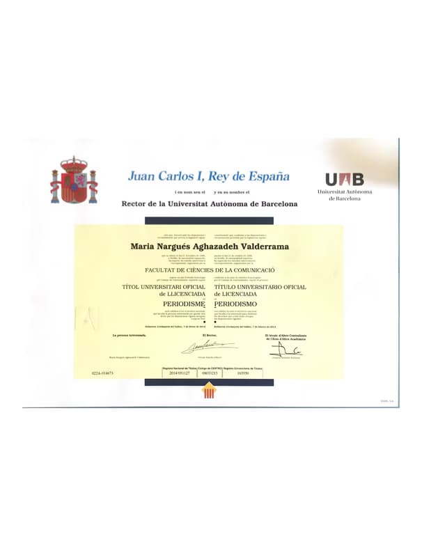 Verified degree or teaching certification of María Nargués