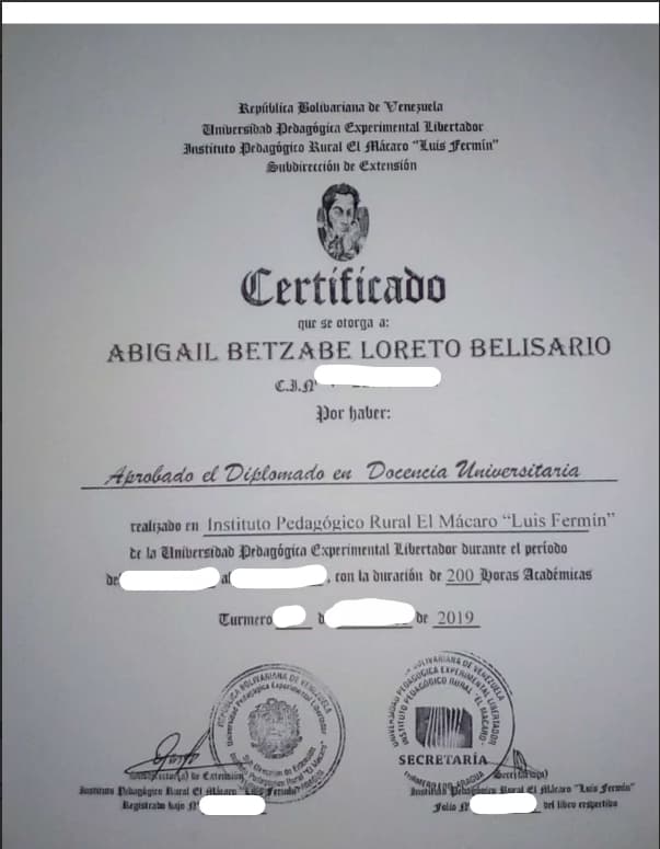Verified degree or teaching certification of Abigail