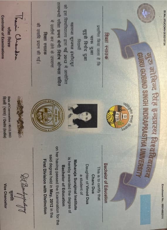 Verified degree or teaching certification of Charu