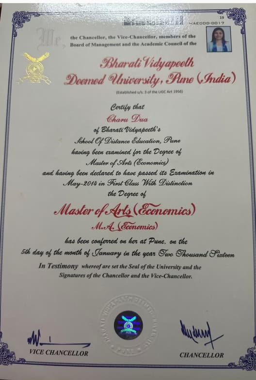 Verified degree or teaching certification of Charu