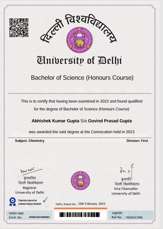 Verified degree or teaching certification of Abhishek