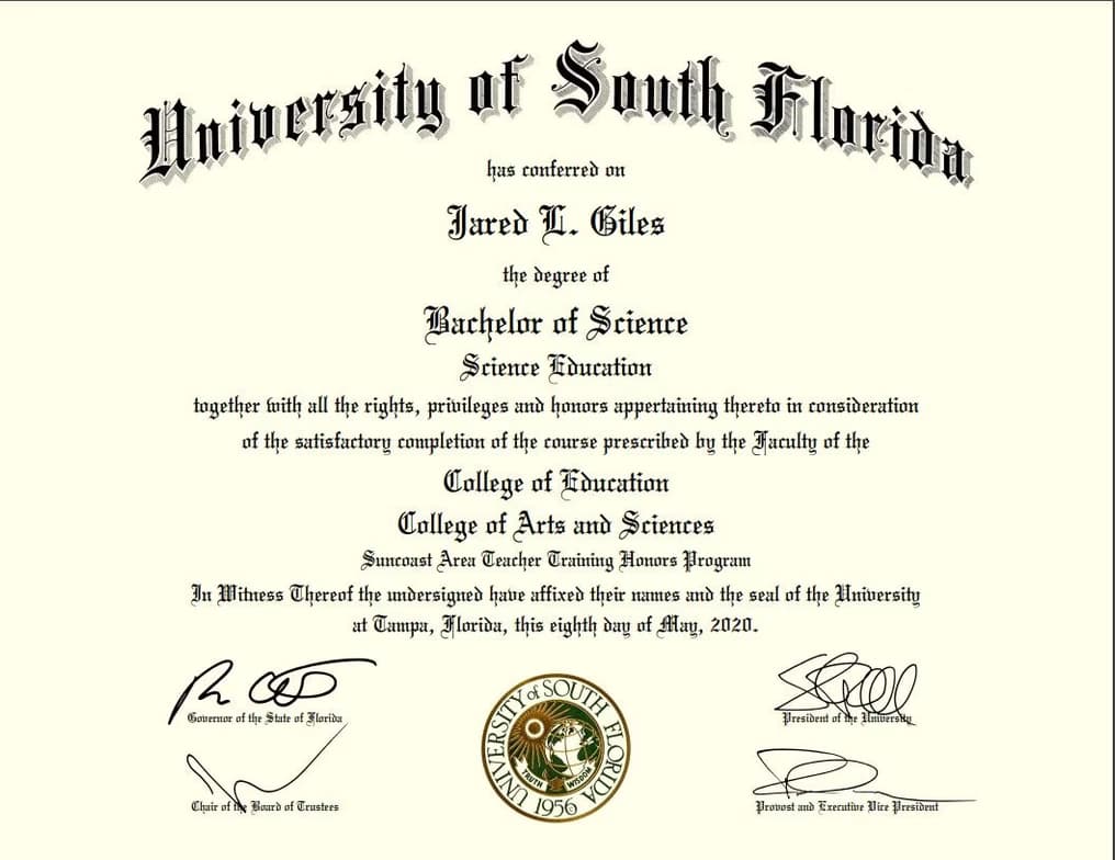 Verified degree or teaching certification of Jared
