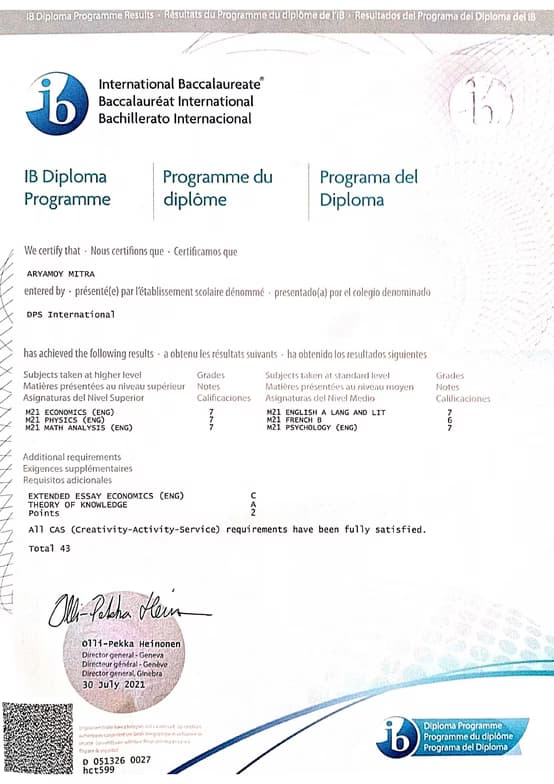 Verified degree or teaching certification of Aryamoy