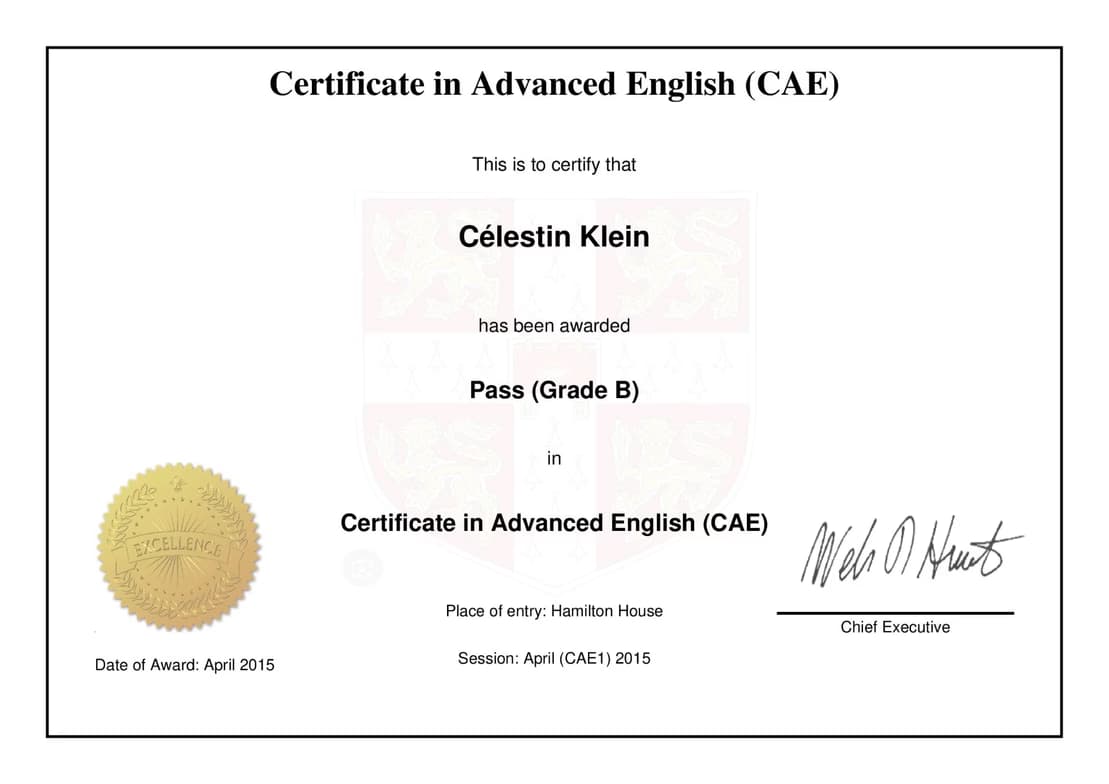 Verified degree or teaching certification of Célestin