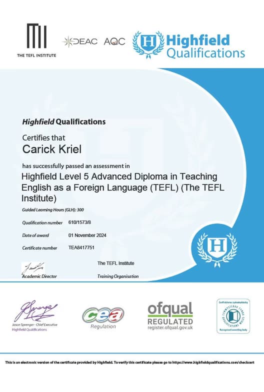 Verified degree or teaching certification of Carick