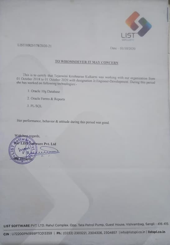 Verified degree or teaching certification of Tejaswini