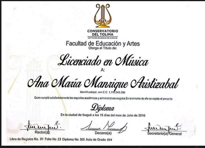 Verified degree or teaching certification of Ana