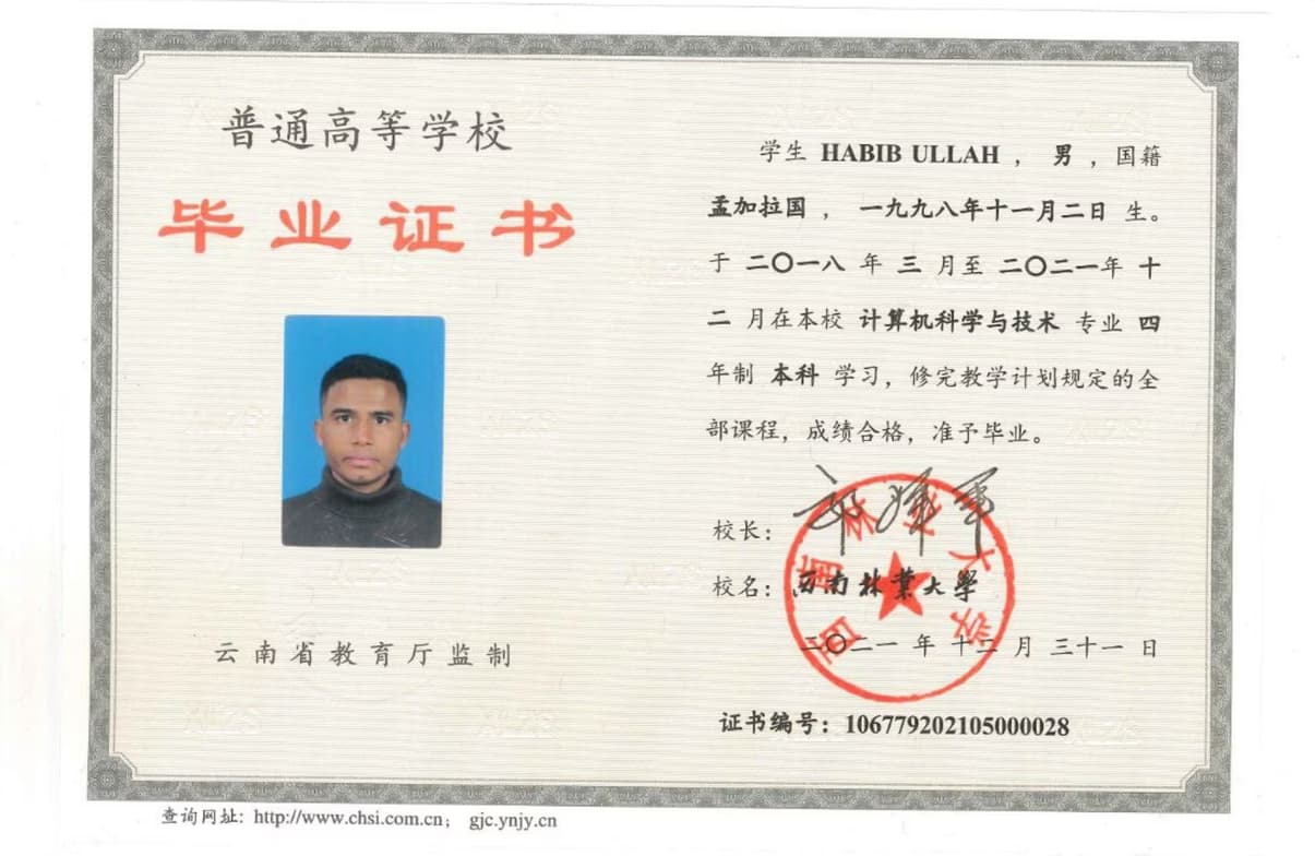 Verified degree or teaching certification of HABIB