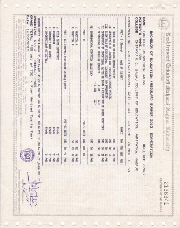 Verified degree or teaching certification of Farheen