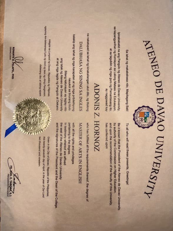 Verified degree or teaching certification of Adonis