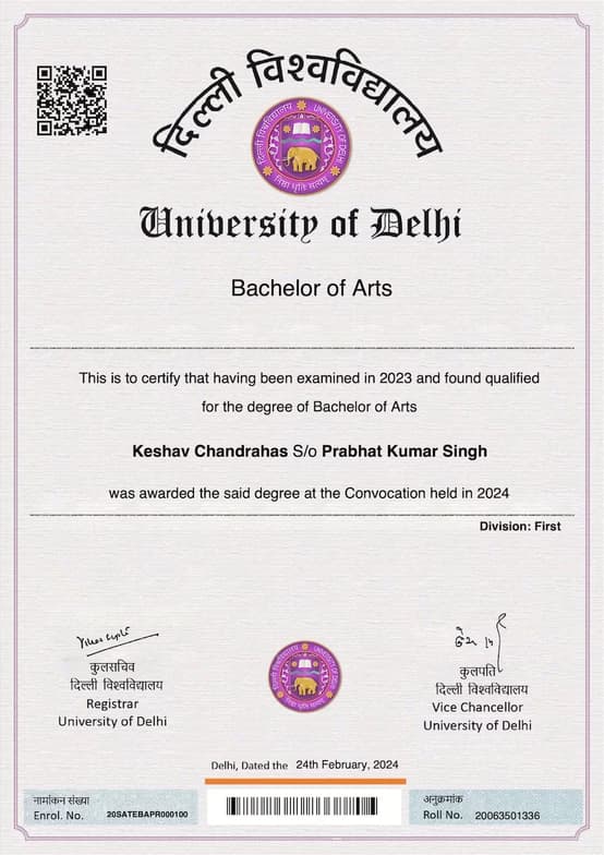 Verified degree or teaching certification of Keshav