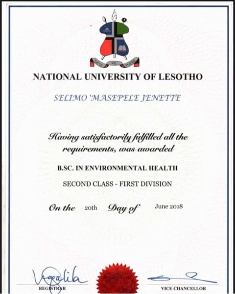 Verified degree or teaching certification of Masepele Jeanett