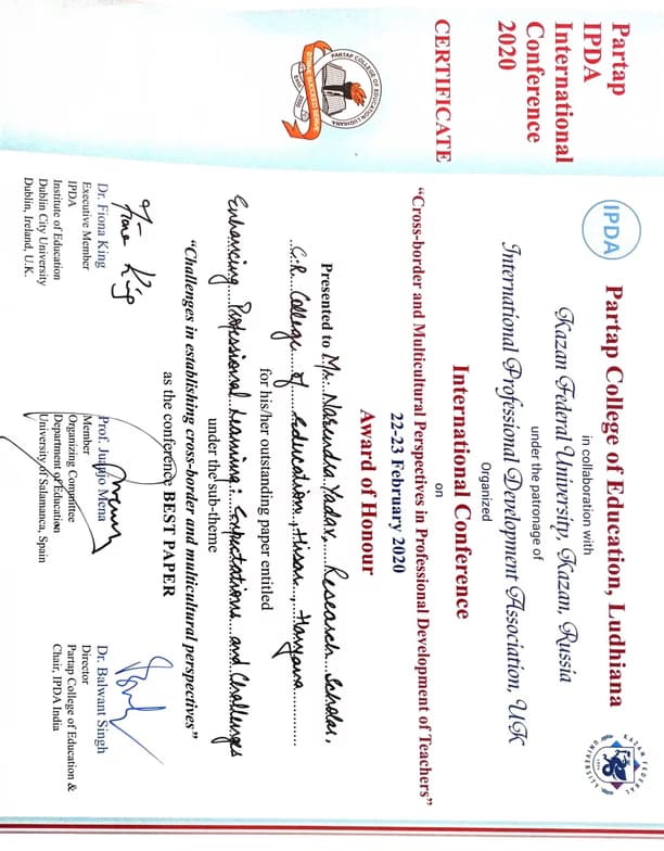 Verified degree or teaching certification of Narender