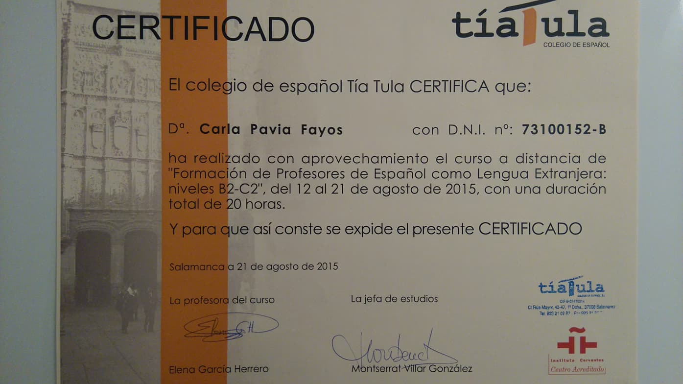 Verified degree or teaching certification of Carla