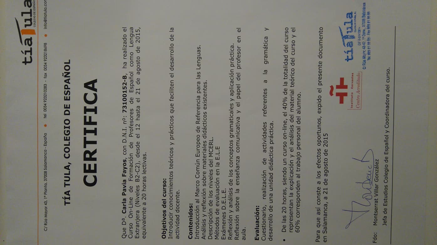 Verified degree or teaching certification of Carla