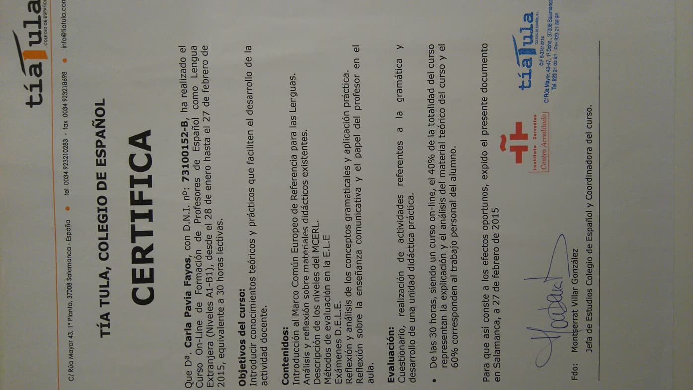 Verified degree or teaching certification of Carla