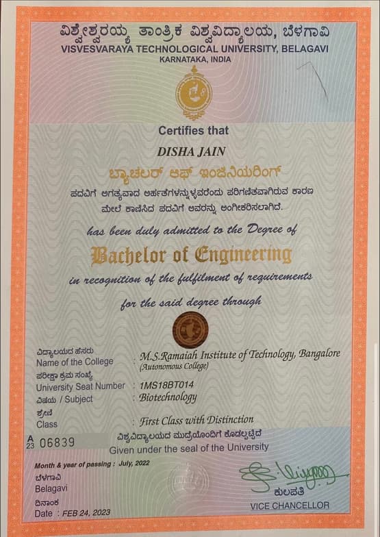 Verified degree or teaching certification of Disha