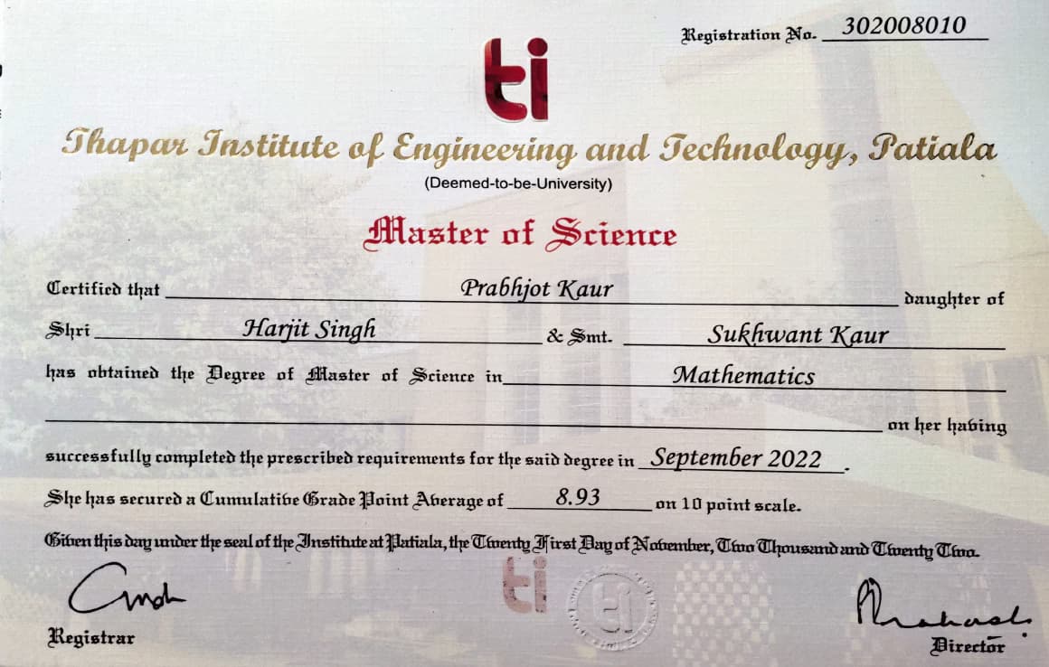 Verified degree or teaching certification of Prabhjot