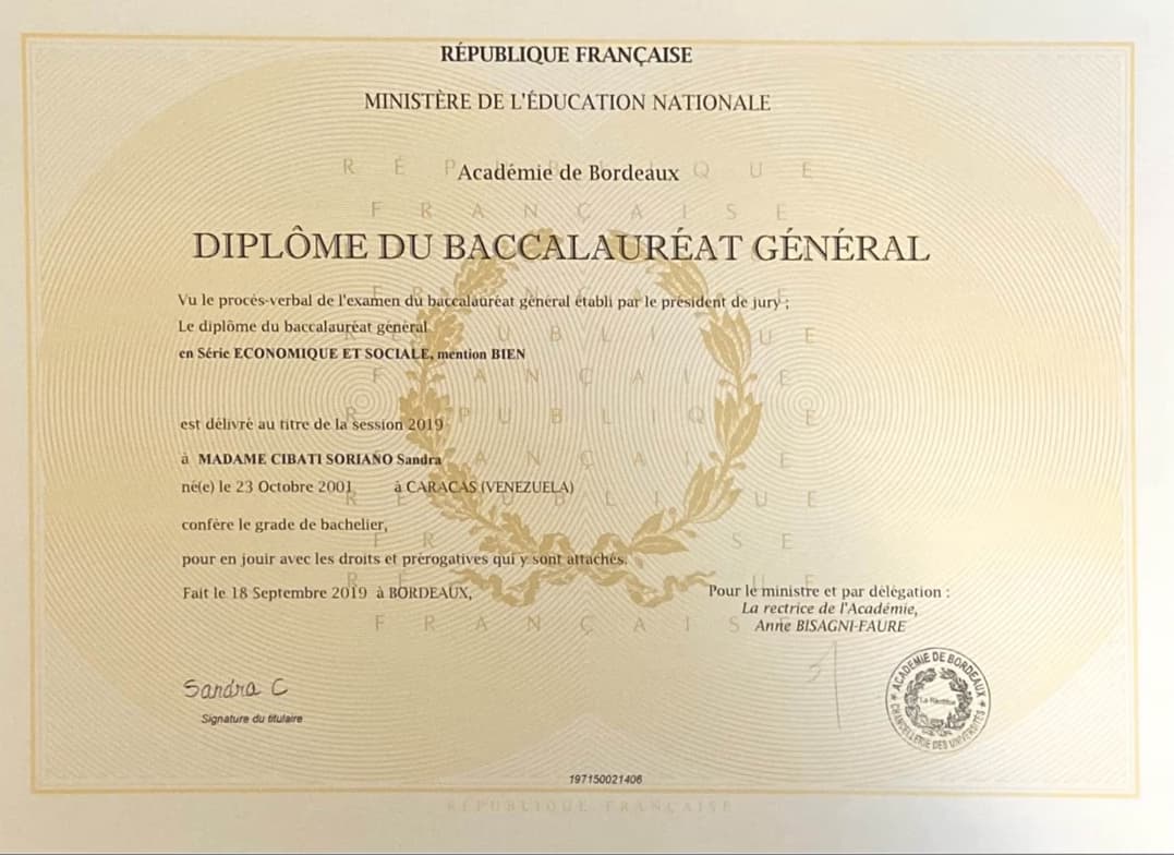 Verified degree or teaching certification of Sandra