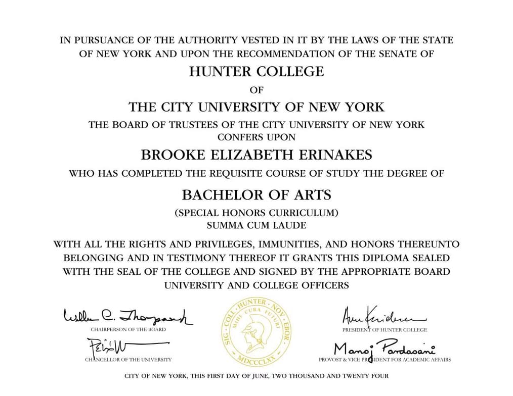 Verified degree or teaching certification of Brooke