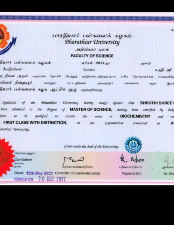 Verified degree or teaching certification of Shruthi