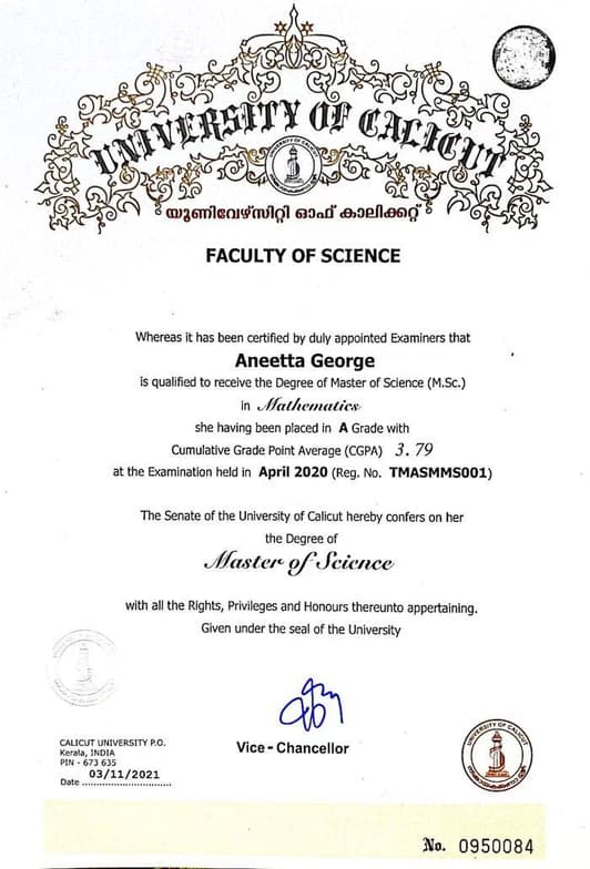 Verified degree or teaching certification of Aneetta