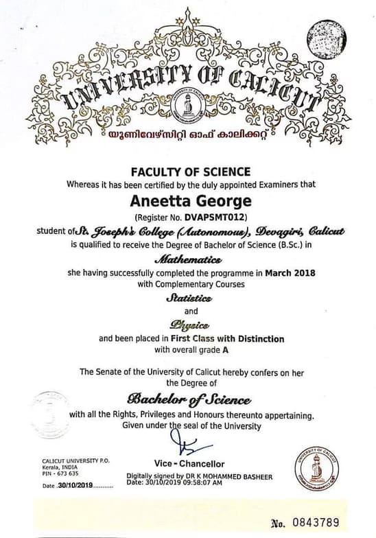 Verified degree or teaching certification of Aneetta