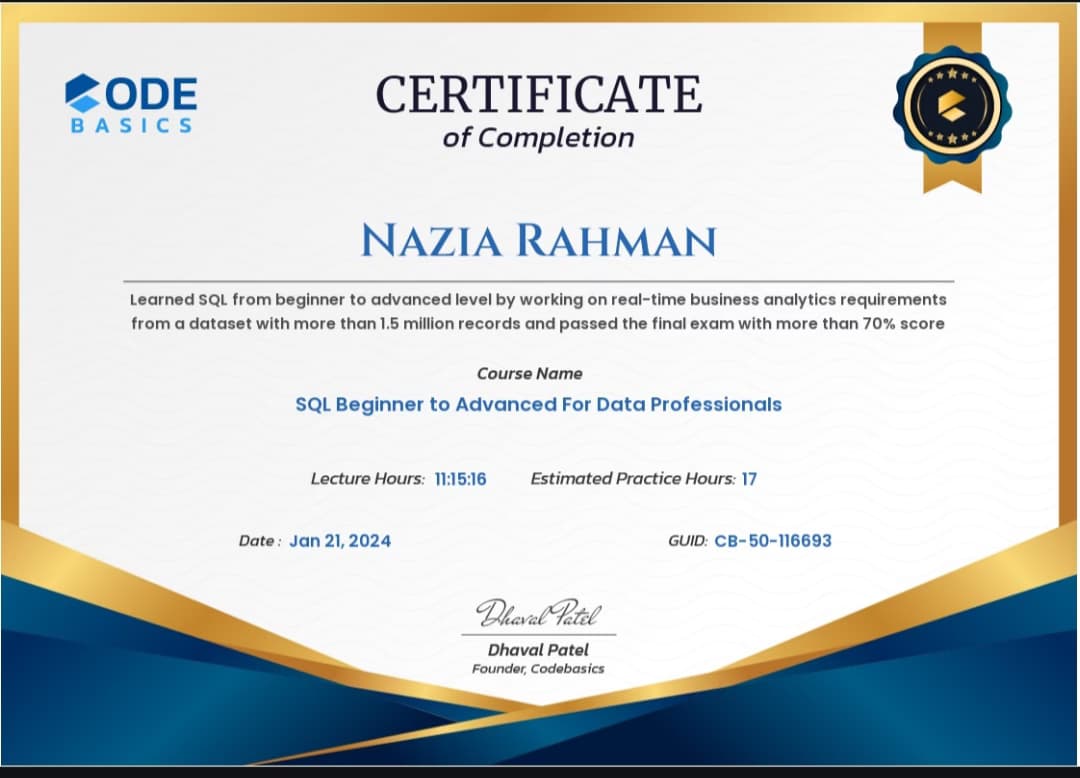 Verified degree or teaching certification of Nazia