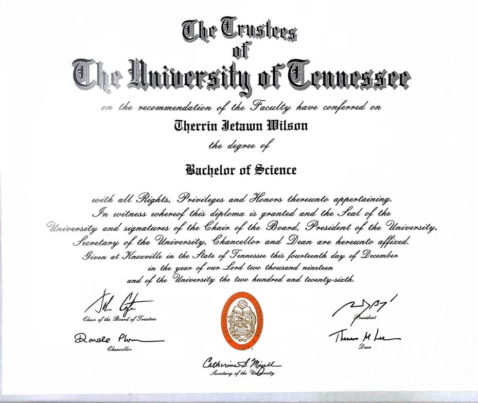 Verified degree or teaching certification of Therrin