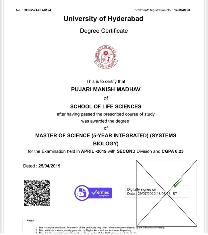 Verified degree or teaching certification of Manish