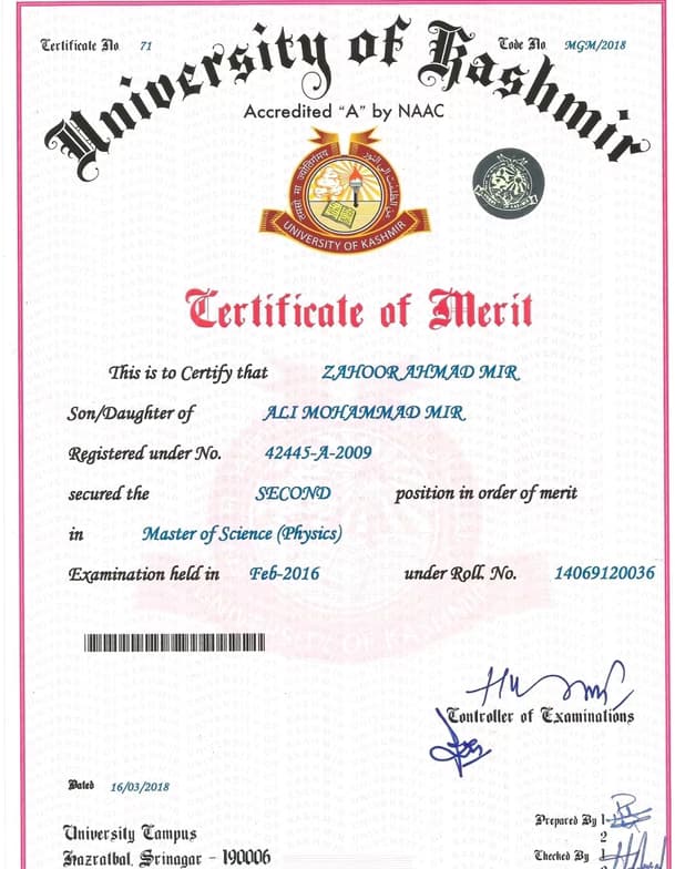 Verified degree or teaching certification of Zahoor Ahmad