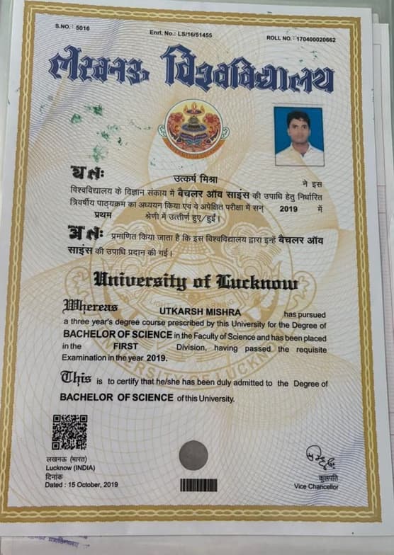 Verified degree or teaching certification of Utkarsh
