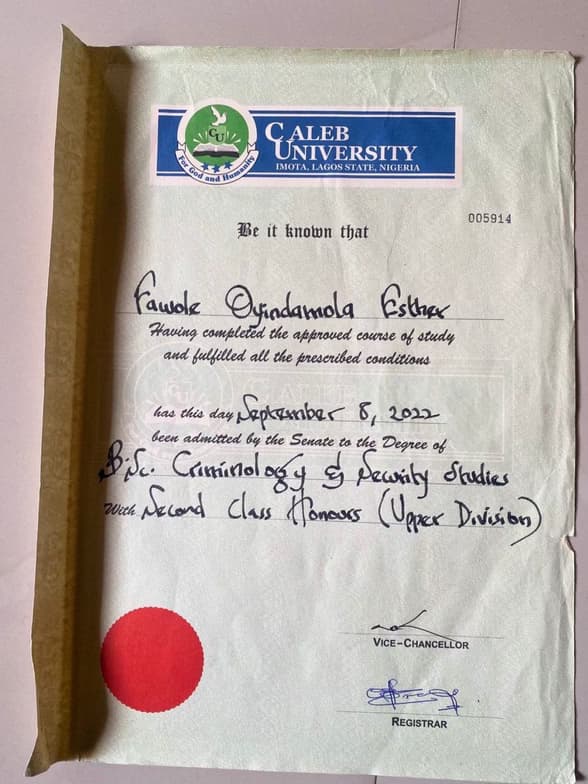 Verified degree or teaching certification of Esther