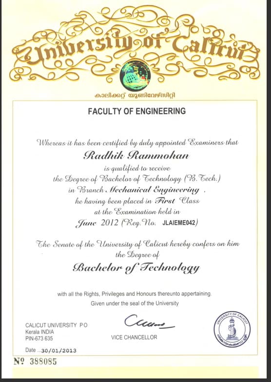 Verified degree or teaching certification of Radhik