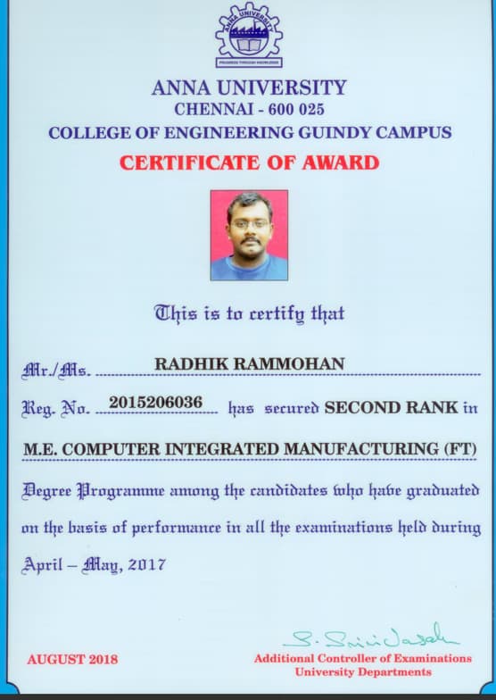 Verified degree or teaching certification of Radhik