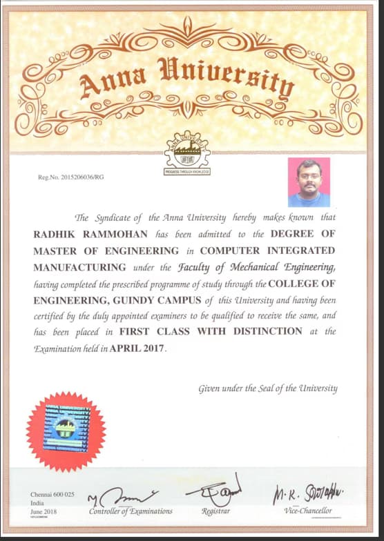 Verified degree or teaching certification of Radhik